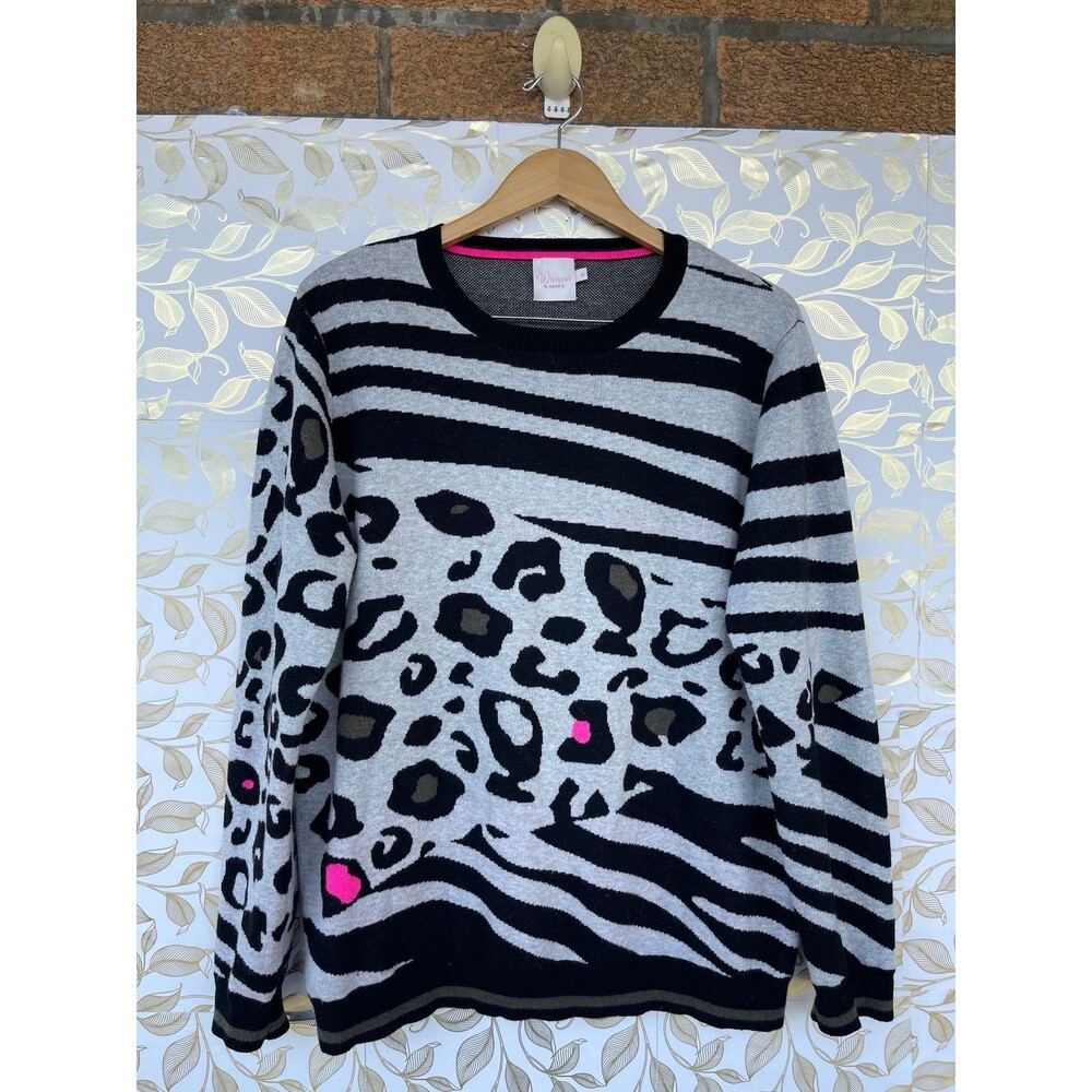 Brodie WISPR Silk Cotton Cashmere Zebra Leopard Animal Print Sweater L Grey Neon